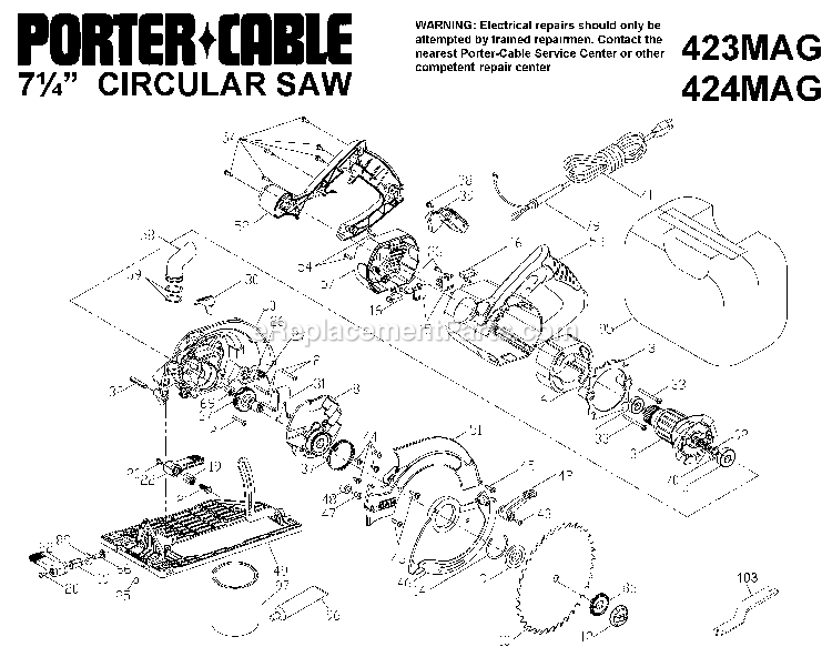 Porter Cable 423MAG (Type 1) 7.25in 15a Circsaw Ki Power Tool Page A Diagram